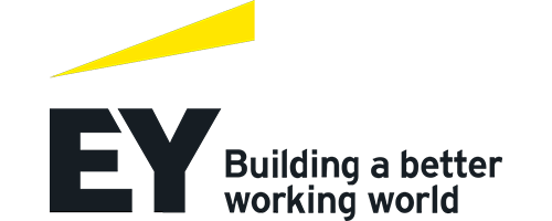 EY - Building a better working world Logo in black text with EY capitalized in bold with a sharp yellow triangular shape above