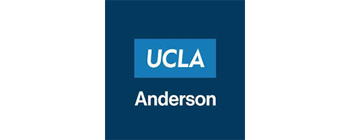 UCLA Anderson Logo in white with two different shades of blue as background